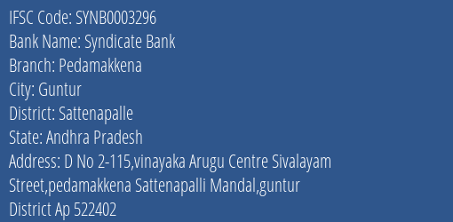 Syndicate Bank Pedamakkena Branch Sattenapalle IFSC Code SYNB0003296