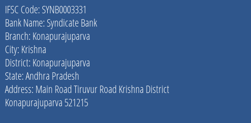 Syndicate Bank Konapurajuparva Branch Konapurajuparva IFSC Code SYNB0003331
