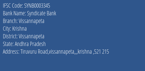 Syndicate Bank Vissannapeta Branch Vissannapeta IFSC Code SYNB0003345