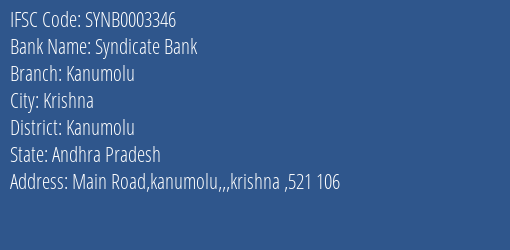 Syndicate Bank Kanumolu Branch Kanumolu IFSC Code SYNB0003346