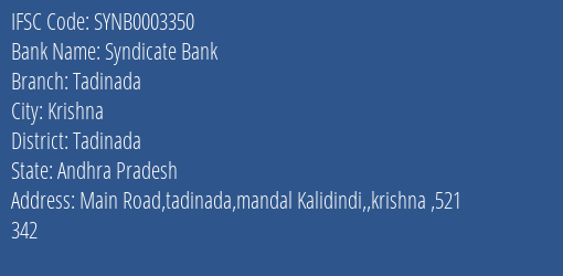 Syndicate Bank Tadinada Branch Tadinada IFSC Code SYNB0003350