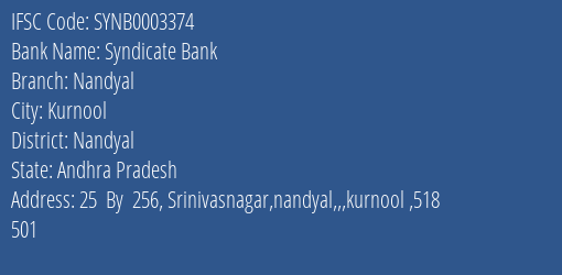 Syndicate Bank Nandyal Branch, Branch Code 003374 & IFSC Code SYNB0003374