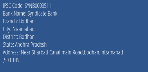 Syndicate Bank Bodhan Branch Bodhan IFSC Code SYNB0003511