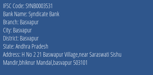 Syndicate Bank Basvapur Branch Basvapur IFSC Code SYNB0003531