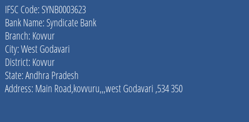 Syndicate Bank Kovvur Branch Kovvur IFSC Code SYNB0003623
