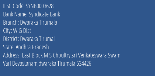 Syndicate Bank Dwaraka Tirumala Branch Dwaraka Tirumal IFSC Code SYNB0003628