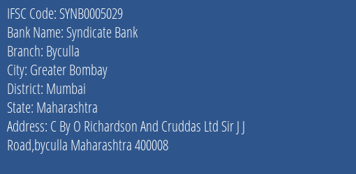 Syndicate Bank Byculla Branch Mumbai IFSC Code SYNB0005029