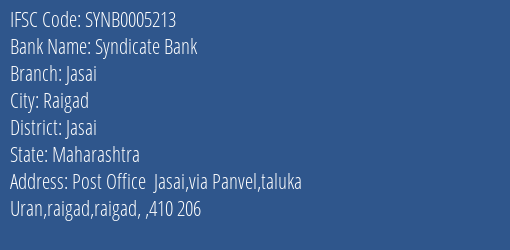 Syndicate Bank Jasai Branch Jasai IFSC Code SYNB0005213