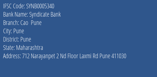 Syndicate Bank Cao Pune Branch Pune IFSC Code SYNB0005340