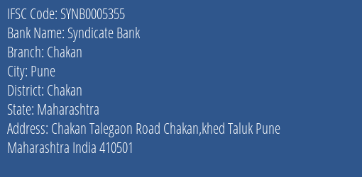 Syndicate Bank Chakan Branch Chakan IFSC Code SYNB0005355
