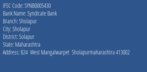 Syndicate Bank Sholapur Branch Solapur IFSC Code SYNB0005430