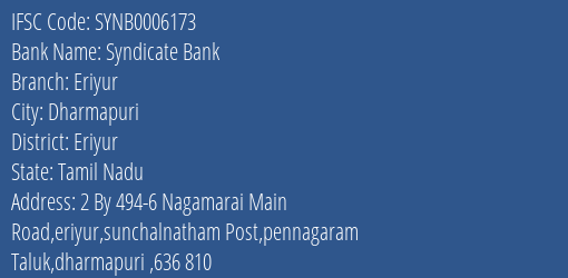 Syndicate Bank Eriyur Branch Eriyur IFSC Code SYNB0006173