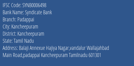 Syndicate Bank Padappai Branch Kancheepuram IFSC Code SYNB0006498