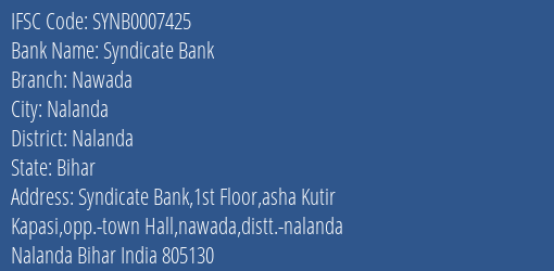 Syndicate Bank Nawada Branch Nalanda IFSC Code SYNB0007425