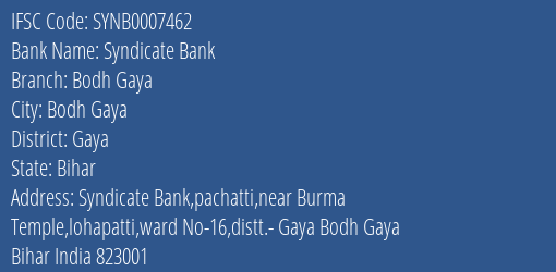 Syndicate Bank Bodh Gaya Branch Gaya IFSC Code SYNB0007462