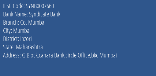 Syndicate Bank Co Mumbai Branch Inzori IFSC Code SYNB0007660