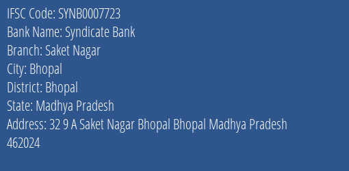 Syndicate Bank Saket Nagar Branch Bhopal IFSC Code SYNB0007723