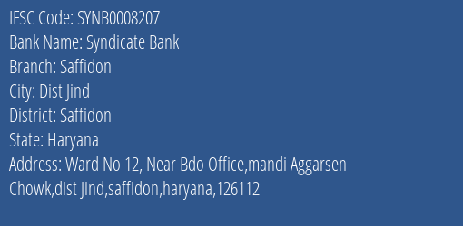 Syndicate Bank Saffidon Branch Saffidon IFSC Code SYNB0008207