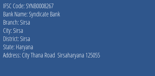Syndicate Bank Sirsa Branch Sirsa IFSC Code SYNB0008267