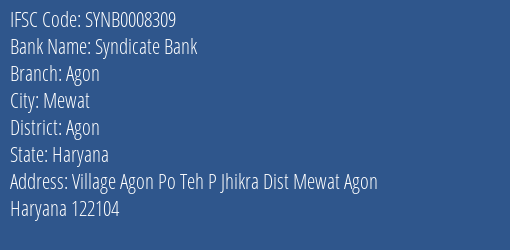 Syndicate Bank Agon Branch Agon IFSC Code SYNB0008309