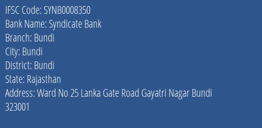 Syndicate Bank Bundi Branch Bundi IFSC Code SYNB0008350