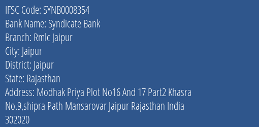 Syndicate Bank Rmlc Jaipur Branch Jaipur IFSC Code SYNB0008354
