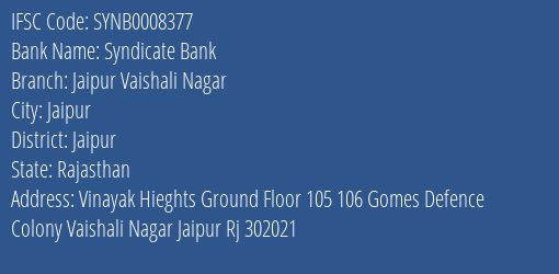 Syndicate Bank Jaipur Vaishali Nagar Branch Jaipur IFSC Code SYNB0008377