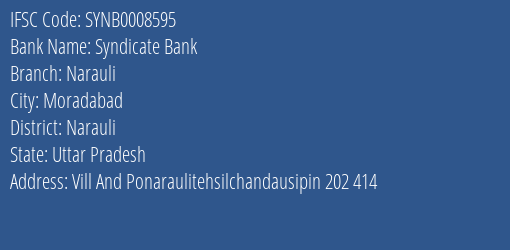 Syndicate Bank Narauli Branch Narauli IFSC Code SYNB0008595