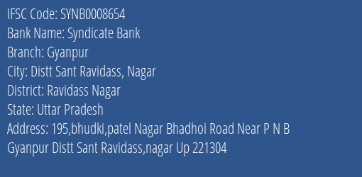 Syndicate Bank Gyanpur Branch Ravidass Nagar IFSC Code SYNB0008654