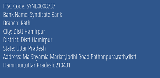 Syndicate Bank Rath Branch Distt Hamirpur IFSC Code SYNB0008737