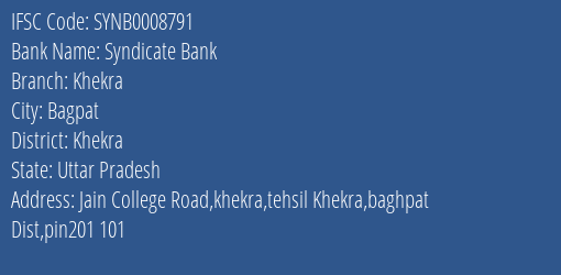 Syndicate Bank Khekra Branch Khekra IFSC Code SYNB0008791