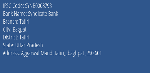 Syndicate Bank Tatiri Branch Tatiri IFSC Code SYNB0008793