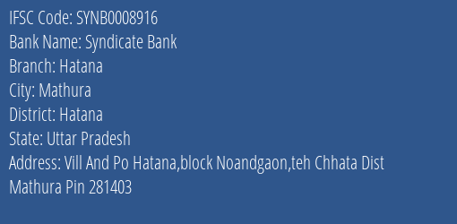 Syndicate Bank Hatana Branch Hatana IFSC Code SYNB0008916