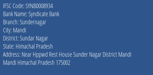 Syndicate Bank Sundernagar Branch Sundar Nagar IFSC Code SYNB0008934