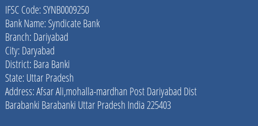 Syndicate Bank Dariyabad Branch Bara Banki IFSC Code SYNB0009250