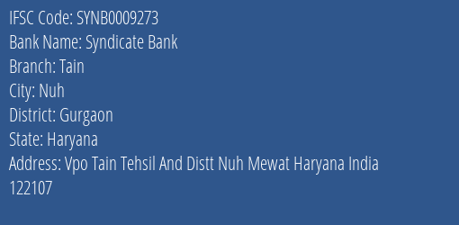 Syndicate Bank Tain Branch Gurgaon IFSC Code SYNB0009273