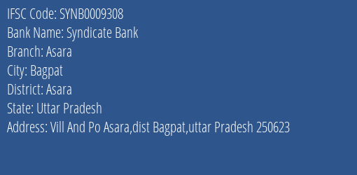 Syndicate Bank Asara Branch Asara IFSC Code SYNB0009308