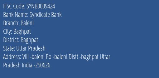 Syndicate Bank Baleni Branch Baghpat IFSC Code SYNB0009424