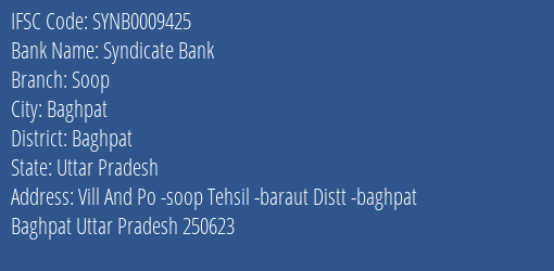 Syndicate Bank Soop Branch Baghpat IFSC Code SYNB0009425