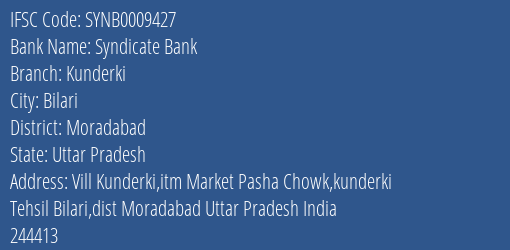 Syndicate Bank Kunderki Branch Moradabad IFSC Code SYNB0009427