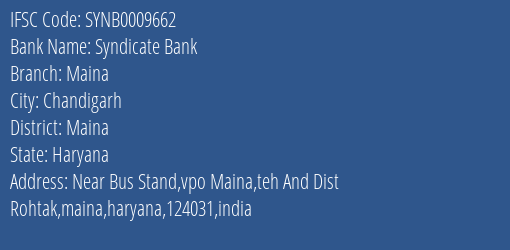 Syndicate Bank Maina Branch Maina IFSC Code SYNB0009662