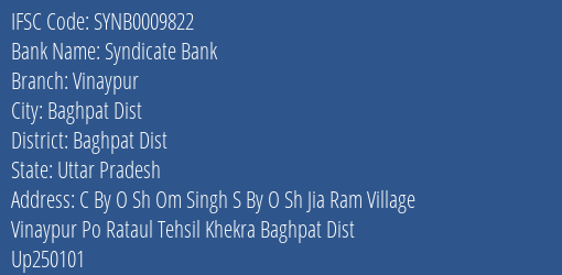 Syndicate Bank Vinaypur Branch Baghpat Dist IFSC Code SYNB0009822