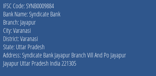 Syndicate Bank Jayapur Branch Varanasi IFSC Code SYNB0009884