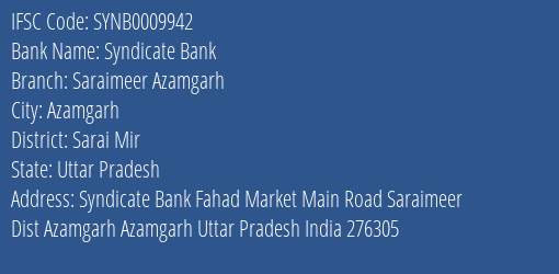 Syndicate Bank Saraimeer Azamgarh Branch Sarai Mir IFSC Code SYNB0009942