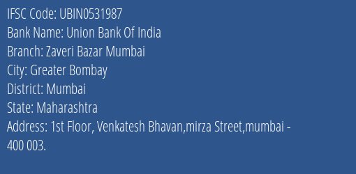 Union Bank Of India Zaveri Bazar Mumbai Branch, Branch Code 531987 & IFSC Code Ubin0531987