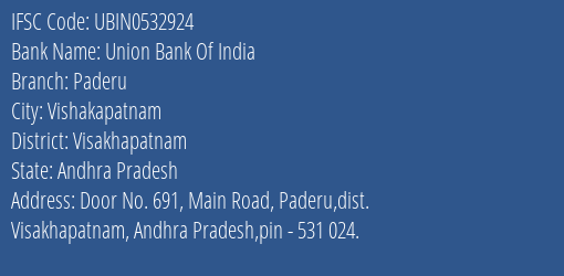Union Bank Of India Paderu Branch, Branch Code 532924 & IFSC Code Ubin0532924