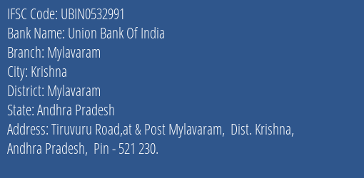 Union Bank Of India Mylavaram Branch, Branch Code 532991 & IFSC Code Ubin0532991