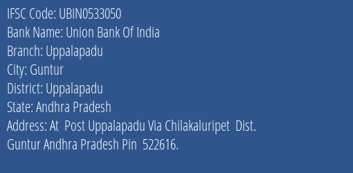 Union Bank Of India Uppalapadu Branch, Branch Code 533050 & IFSC Code Ubin0533050