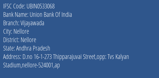 Union Bank Of India Vijayawada Branch, Branch Code 533068 & IFSC Code Ubin0533068