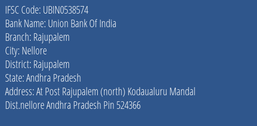 Union Bank Of India Rajupalem Branch, Branch Code 538574 & IFSC Code Ubin0538574